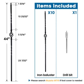 Muzata 10Pack Wrought Iron Balusters 44'' Single Basket Stair Metal Balusters Deck Spindles Hollow Spiral Spindles Decorative Stair Parts Black WT04