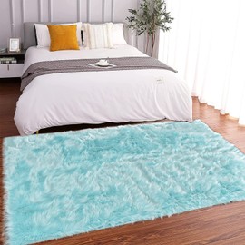 Latepis High Pile Faux Fur Area Rug, 4x6 ft, Light Blue, Living Room, Bedroom Decor, Washable, Fluffy, Luxury Home Decor