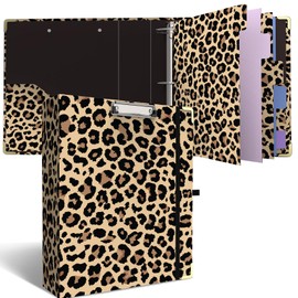 3 Ring Binder 2 Inch Round Ring Binder with 6 Tab Dividers，2 Interior Pockets，Cute Binder Clipboard with Storage, for School Office, Portfolio(Cheetah Spots)