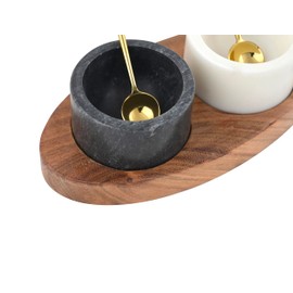 Cruiser’s Caché Marble Salt Cellars Set of 2 with Gold Spoons and Wood Tray | One each White and Gray