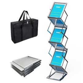polwkscas 7-Pocket Foldable Aluminum Magazine Rack with Carrying Bag, Portable Pop-up Display Stand for Trade Shows, Office, and Retail Store Use, A4 Size