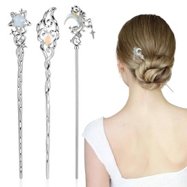 Shimmeroo 3Pcs Star Moon Stone Hair Chopsticks for Women,Metal Hair Sticks for Buns Chinese Long Hairpins Hanfu Accessories