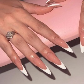 Stilettos Press on Nails White French Tip False Nails Glossy Extra Long Natural Glue on Nail Reusable Artificial Acrylic Stick on Nail for Women