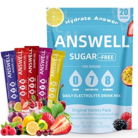 ANSWELL Electrolytes Powder Packets Sugar Free - Liquid Daily IV Drink Mix for Rapid Hydration & Party Recovery | 7 Electrolytes & 8 Vitamins | Non-GMO | No Color Additive | Vegan | Variety 20 Sticks