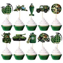 45PCS Military Cupcake Toppers Military Army Green Cupcake Picks Bomb Fighter Military Theme Tank Baby Shower Baby Boy Girl Game Party Decorations Supplies