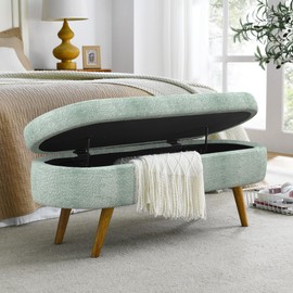 Ball & Cast 43.5" Oval Entryway Storage-Bench, Linen Upholstered Storage Ottoman, Modern Comfy End of Bed Bench with Solid Wood Legs & Safety Hinge for Hallway Bedroom Living Room, Cyan