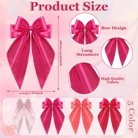 Large Pink Hair Bows for Women, 4 Pack Satin Hair Ribbons Bow Hair Clips Satin Red Hair Bows, Oversized Long Tail Hair Bow Barrette Cute Hair Accessories for Women Girls