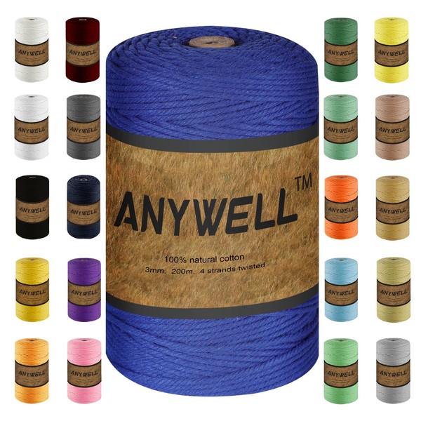 ANYWELL Sapphire Blue Macrame Yarn 3 mm x 218 yards,