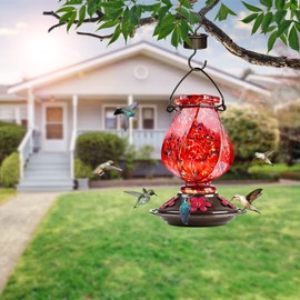 BOLITE Hummingbird Feeder, Hand Blown Glass Hummingbird Feeders for Outdoors Hanging, with Ant Moat and 5 Feeding Ports, 22 Ounces, Red, Birthday Gifts for Women Men, Gifts for Mom Dad
