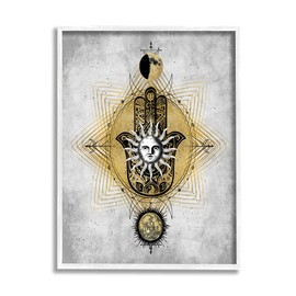 Stupell Industries Vintage Sun Patterned Hamsa Symbol Astrological Geometry, Designed by Oliver Jeffries White Framed Wall Art, Grey