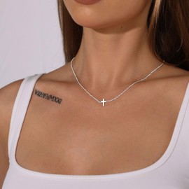 SUFOPE Cross Necklaces for Women,Tiny Sideways Cross Pendant Necklace Silver Plated Minimalism Thin Chain Trendy Dainty Choker Jewelry for Women Girls Gift