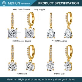 MDFUN Gold Dangle Hoop Earrings Set for Women 18K Gold Plated Hypoallergenic Dangling Huggie Earring Sets Cubic Zirconia Drop Jewelry Gifts for Her (Round/Square/Teardrop/Oval)