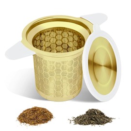 Tea strainer with lid/drip tray, extra fine mesh 304 stainless steel tea filter for loose tea, tea strainers for most tea cups, tea bowls, dishwasher safe (gold)