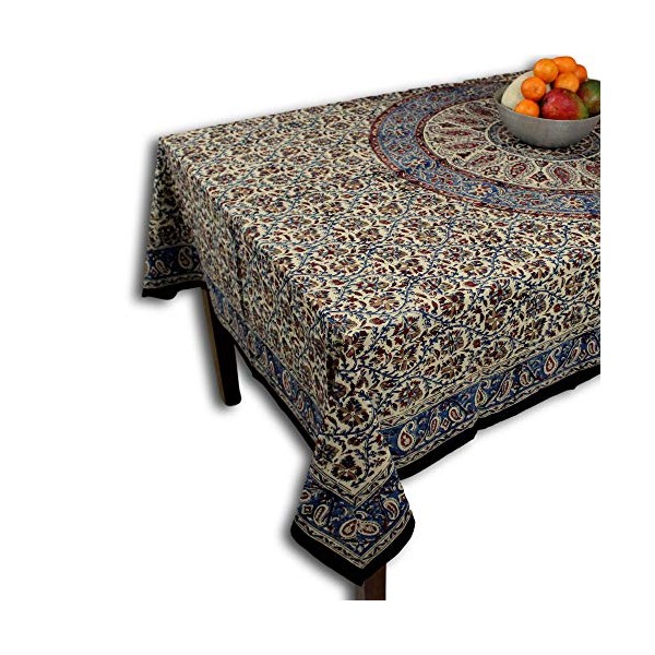 Cotton Block Print Tablecloth for Rectangle Tables Kalamkari Mandala Paisley Floral Handmade Cotton 60 x 90 inches