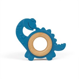 GRÜNSPECHT Organic Natural Rubber Teething Toy with Wooden Ring, Teething Aid & Toy, Massages Gums, BPA-Free, Promotes Fine Motor Skills, Dinosaur, Blue (688-00)