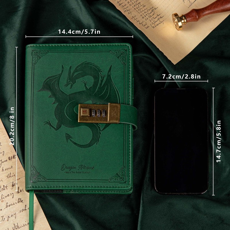 Dragon Leather Journal, Hardcover Notebook, Locked Refillable Diary, Lined/Blank Paper