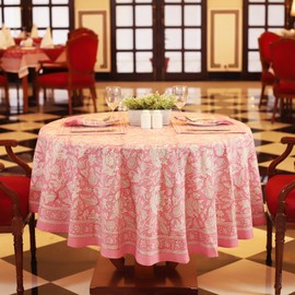 Labhanshi Pink Block Print Round Table Cloth|Indian Round Floral Cotton Table Cover 72 Inch 6-Seater Spring Easter Kitchen Dining Tablecloth|Patio Table Cover for Event Wedding Banquet Parties
