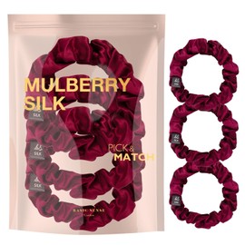 Basic Sense Silk Hair Scrunchies Luxurious Mulberry Hair Tie - Skinny Scrunchy Set of 3pcs, Burgundy