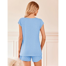 Ekouaer Women's Pajama Sets Short Sleeve Sleepwear Soft Pjs Shorts Set Cozy Loungewear with Pockets 2 Piece Outfits Set,Light Blue,M