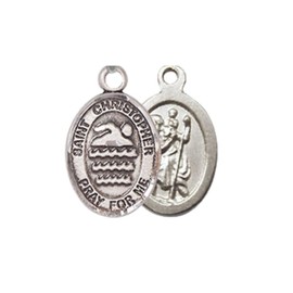 Men's Pewter Saint Christopher Swimming Medal Pendant on 24 Inch Endless Rhodium Plated Heavy Curb Brass Chain, Catholic Religious Necklace -Made in USA- Deluxe Velvet Gift Box