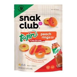 Snak Club Tajin Peach Rings Gummy Candy, Fruit Candy Gummies with Chili and Lime Seasoning, Mild, Gluten-Free and Vegan Snacks, 24 oz Resealable Bag