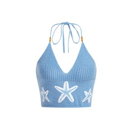 Verdusa Women's Y2k Halter Tops Gothic Clothes Summer Going Out Tops Crochet Cami Tie Boho Knit Top Star Blue Large