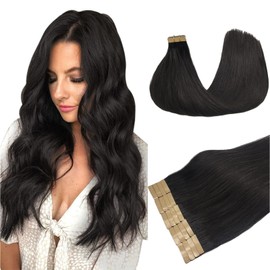 DOORES Tape in Human Hair Extensions Natural Black 16 Inch 20pcs 50g Silky Straight Real Hair Extensions Tape in Real Hair Glue in Extensions Skin Weft