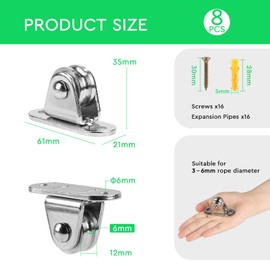 SWAWIS Pack of 8 Pulleys for Ropes, Metal Pulley Small with Ball Bearings, Rope Pulley with Mounting Screws for Awnings, Wave Shade, Greenhouse, Clothesline (61 x 21 mm)