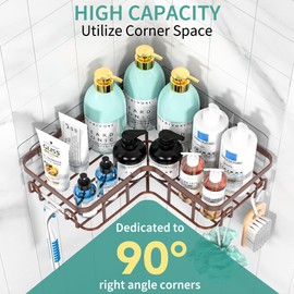 Moforoco Adhesive Corner Shower Caddy, 3 Pack Shower Organizer Shelf with Soap Holder and 12 Hooks, Shower Shelves Rustproof for Bathroom, Shower Storage Basket Bathroom Accessories(Brown)