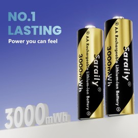 Saraily Lithium AA Batteries 4 Pack, 1.5V 3000mWh Rechargeable Double A Battery for Camera, Doorbell, High Capacity Long Lasting, 3H Fast Charge, Over 2000 Cycles