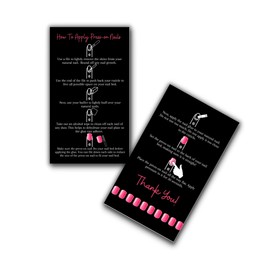 Boutique Marketing LLC Press-On Nail Application Instructions Cards | 50 Pack | 2x3.5inch inch Business Card Size | DIY Press-On Nail Kit | Black and Pink Design,black, pink, white