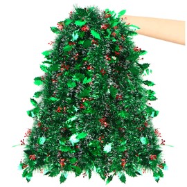 LOKIPA Christmas Tinsel Garland, 32.8 Ft Xmas Tinsel Decoration Metallic Green for Christmas tree Decoration with Red Berries