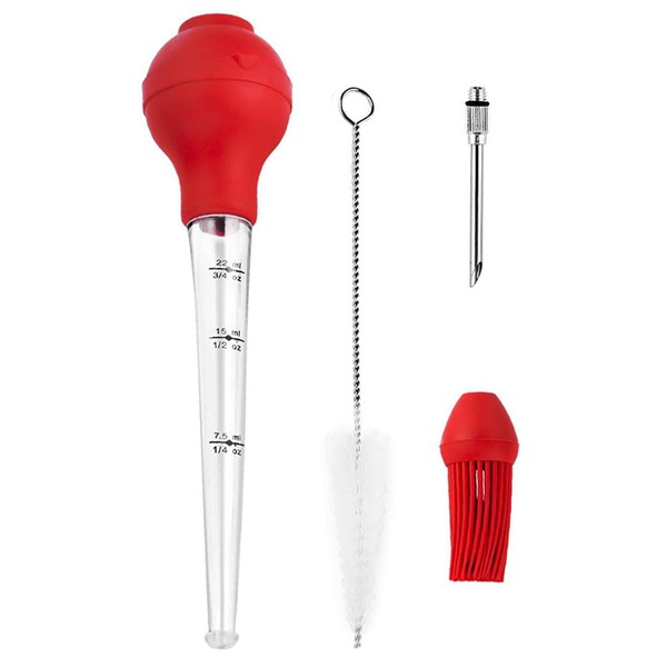 4 Piece Set Turkey Seasoning Pump (Red, Plastic) Grade Quality FDA Rubber with Cleaning Brush Barbecue Tool for Turkey Beef Steak BBQ