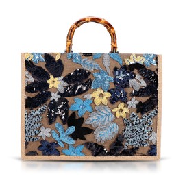 QTKJ Tote Bag, Sackcloth Handbags for Women, Sequin Embroidery Beach Bags, Natural Bamboo Handle, Bohemian Handbag Large Capacity Shoulder Bag Suitable for Travel Daily(Blue Flowers)