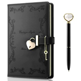 Mousbull Lock Diary with Key and Pen for Girls, 192 Pages Vintage Leather Heart Shaped Journal Notebook with Lock and Diamond Pen, A5 Cute Locked Secret Diaries for Women (Black)