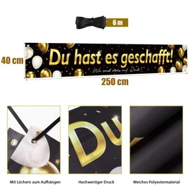 BETESSIN Graduation Decoration Black Gold - Du hast es geschafft Banner 250 x 40 cm - Passed Exam Gift - Graduation Decoration for Graduation, Bachelor and Master Graduations