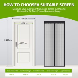 PJExim Magnetic Fly Screen Door - Heavy Duty Auto-Closing Mesh Curtain with Magnets, No Drill Door Screen for Flies/Bugs, Fits 90x210cm Patio Doors (Black Stripe)