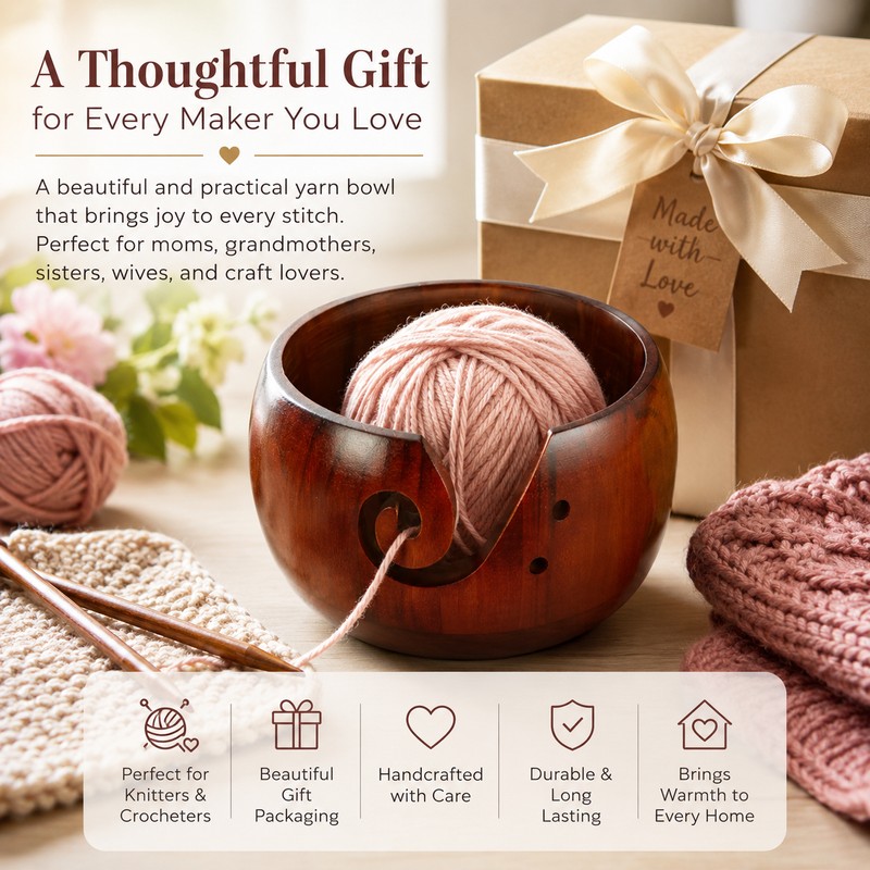 Wooden Yarn Bowl for Crochet & Knitting – Portable Pine