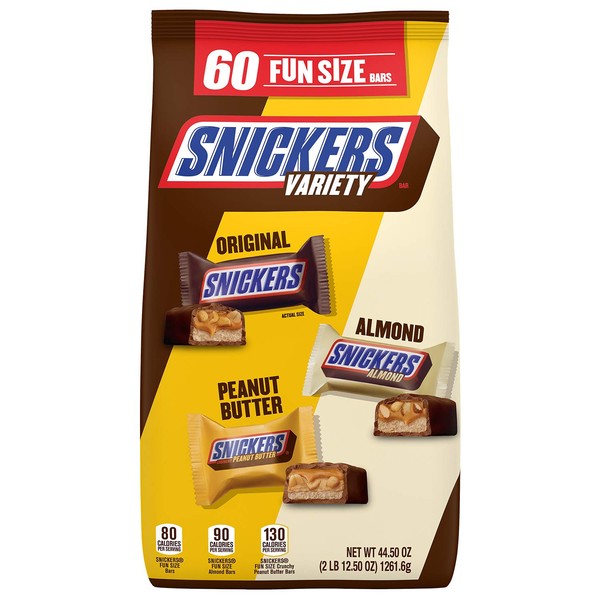 Snickers SNICKERS Original, Almond, & Crunchy Peanut Butter Fun Size Variety Bag, 60-Piece Bag, Mixed, 44.5 Ounce (Pack of 1)