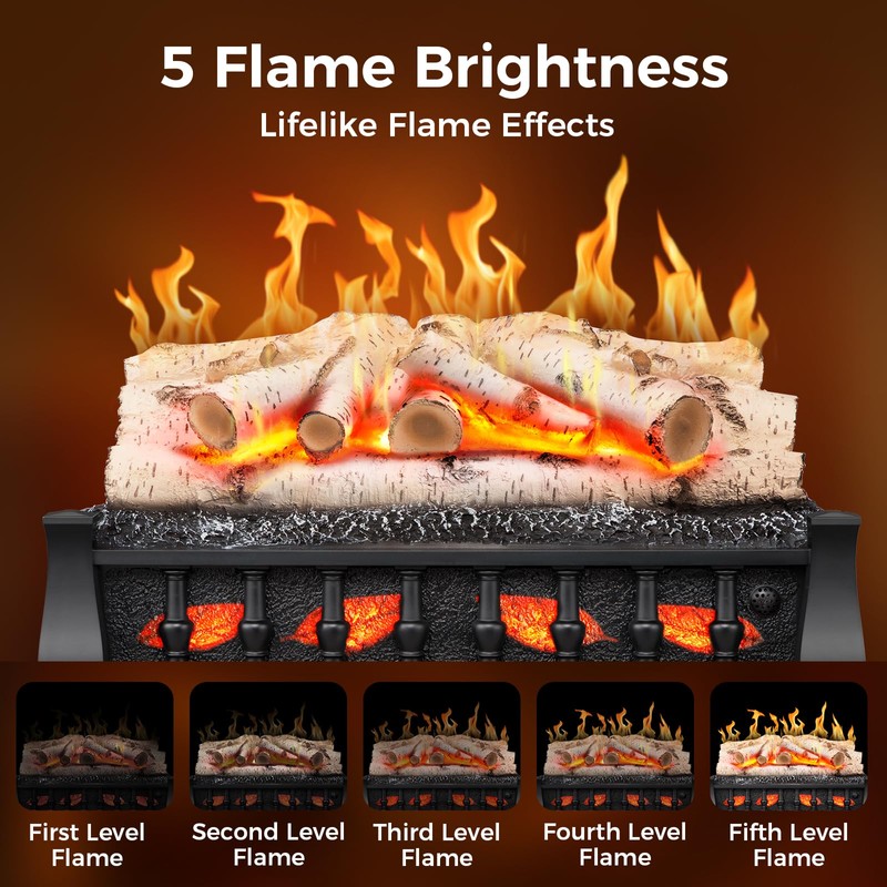 21 Inches Electric Fireplace Insert Log Heater, 5 Flame Brightness,