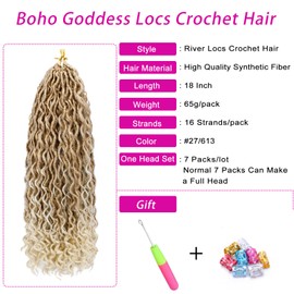 Goddess Locs Crochet Hair 18 Inch 7 Packs Ombre Blonde Boho Faux Locs Crochet Hair for Black Women Pre Looped Crochet Locs with Curly Ends (27/613)