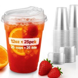 12oz Disposable Plastic Cups with Strawless Sip Lids – Set of 25 Clear PET Cups with Flat Sip Cover for Cold Beverages – Pack with 25 Units, 12 oz