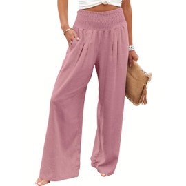 ANRABESS Women Linen Palazzo Pants Summer Boho Wide Leg High Waist Casual Lounge Pant 2025 Beach Travel Vacation Outfits Pink Medium