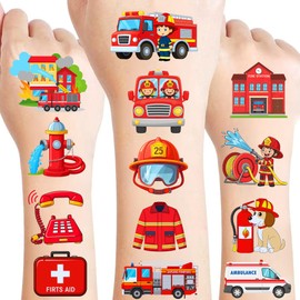 50 PCS Firetruck Temporary Tattoos for Kids, Fire Truck Themed Tattoos for Birthday Party Supplies Firefighter Fireman Tattoo Stickers for Kids Boys Girls Party Bag Filler