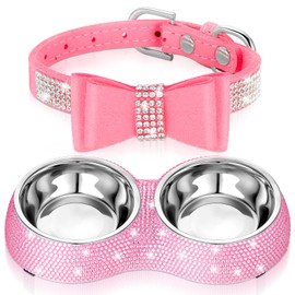 Gerrii 2 Pcs Pink Dog Cat Bowls and Small Puppy Collar Set for Cat and Dog, Pink Bling Cat Collars Rhinestones Stainless Steel Puppy Bowls Adjustable Bling Dog Collar (Pink, S)