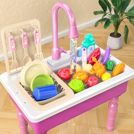 Doloowee Kitchen Sink Toys,Electric Dishwasher Playing Toy Play Sink for Kids 3-5 with Running Water, Faucet and Play Dishes,Pretend Play Kitchen Toys for Kids Boys Girls(Pink)