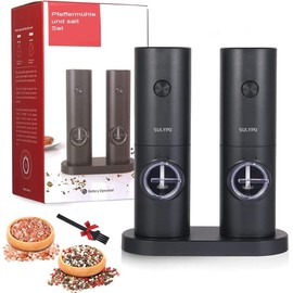 Sulypo Battery Operated Pepper Mill and Salt Grinder Set, 2 Pieces,Automatic Salt and Pepper Grinder Set with Easy-to-Carry Base and LED Light, Adjustable Coarseness, Washable Container, Black