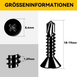Dayalo Pack of 50 4.8 x 19 mm Sheet Metal Self-Tapping Screws, Stainless Steel Flat Head Screws, Phillips Screws Drilling Screws Black, Tapping Screws with Drill