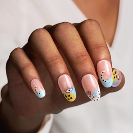 28Pcs Press on Nails Almond Medium, Chrome Glue On Fake Nails, Light Weight & Fit Perfectly, Medium Natural, 14 Sizes,Eyes