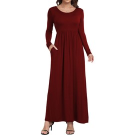 HAOMEILI Women's Long Sleeve Loose Plain Long Maxi Casual Dresses with Pockets L Wine Red
